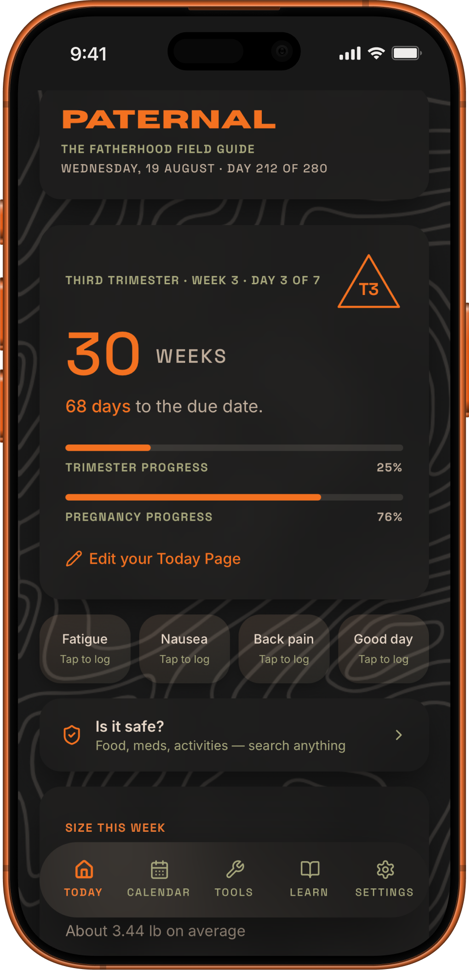 Paternal's weekly feed showing the current week, what's developing, and what to expect