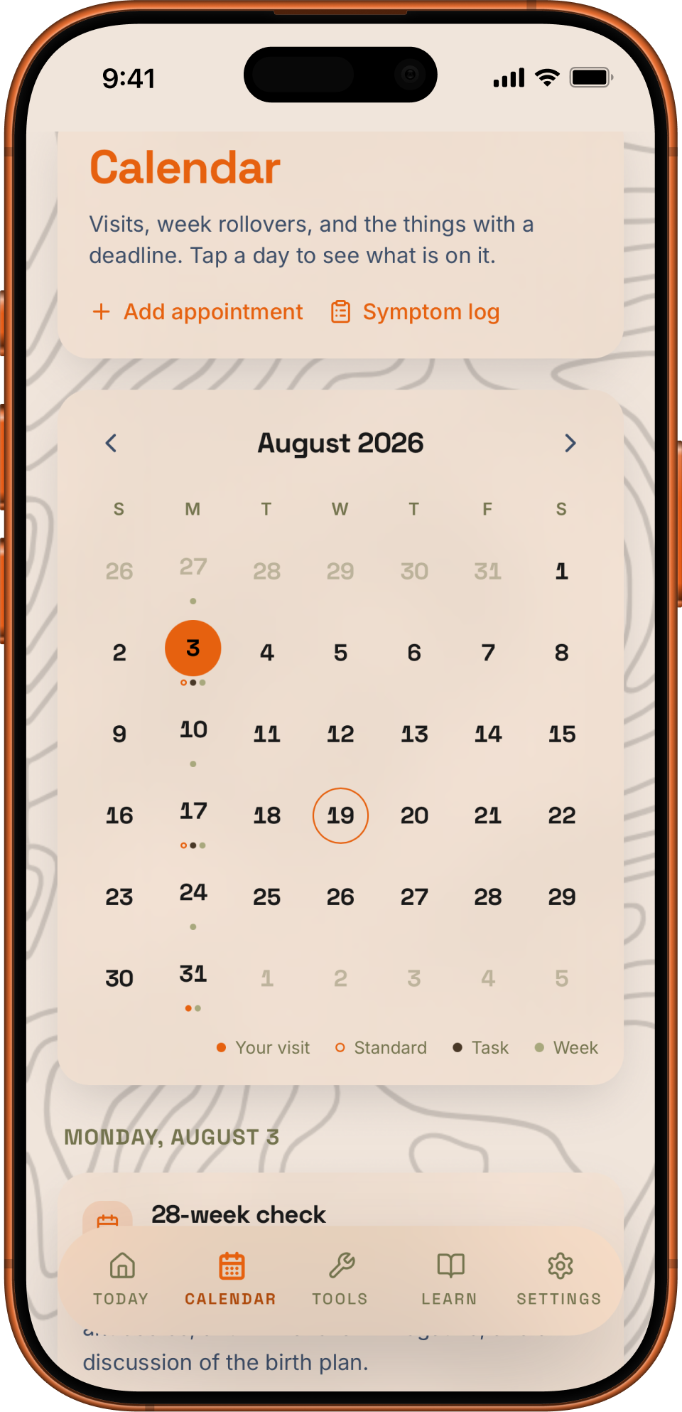 Paternal's appointment calendar showing the prenatal timeline and what each visit involves