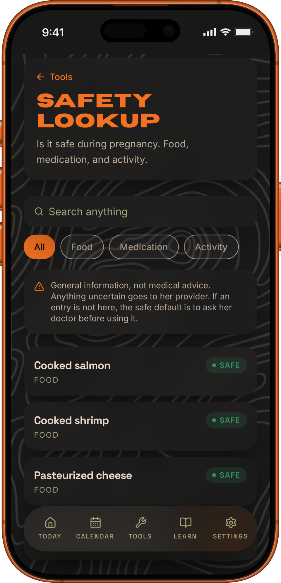 Paternal's safety lookup showing a search result with a pregnancy safety rating