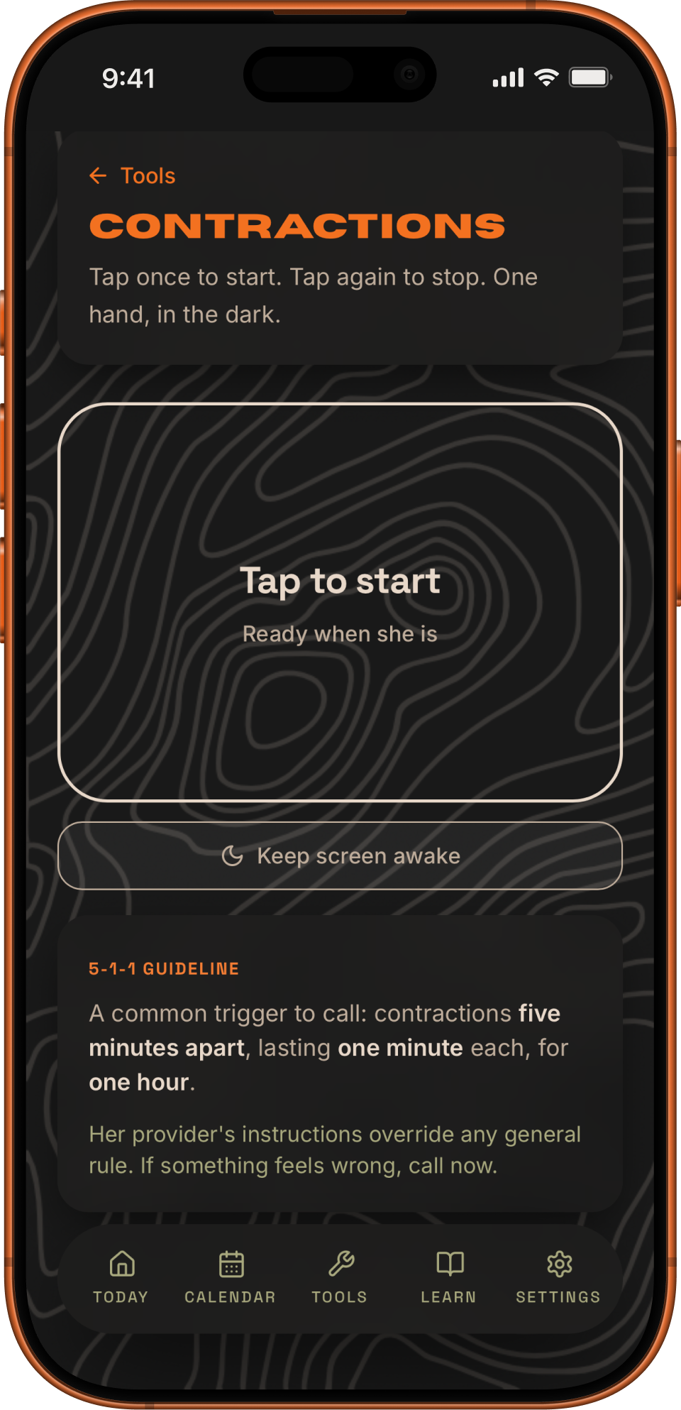 Paternal's contraction timer with one-tap start/stop and the 5-1-1 guideline visible
