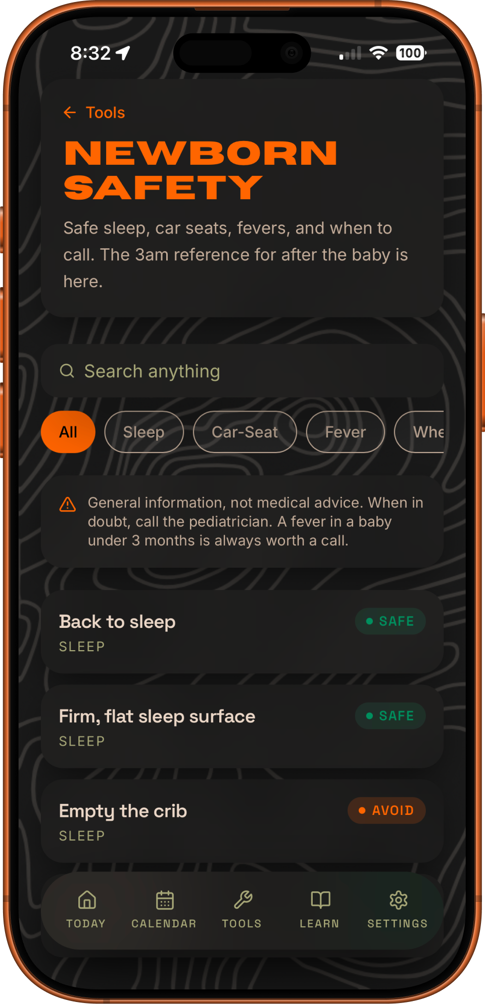 Paternal's first-year content showing newborn safety and the feeding log